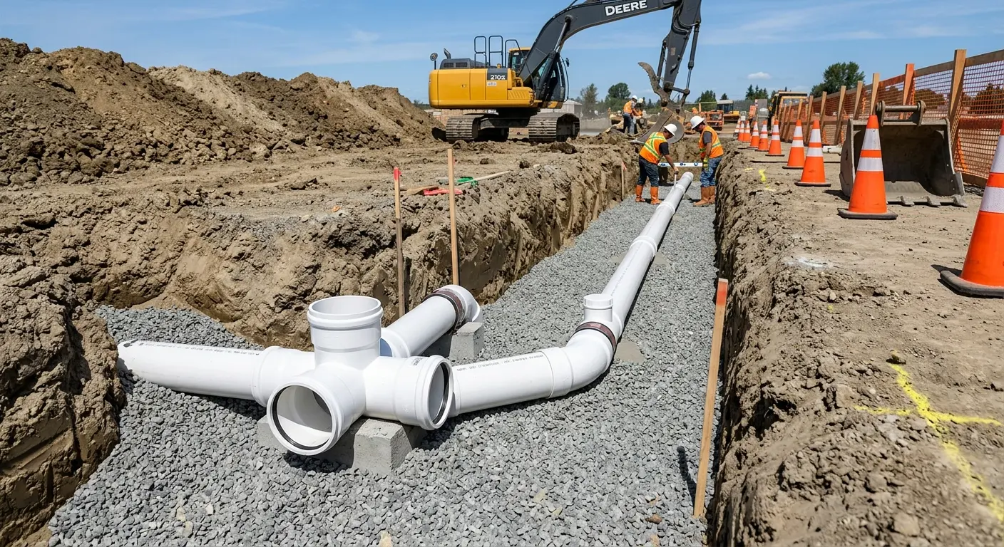 New PVC sewer pipe installation in open trench for Commercial Drain Cleaning in Moss Bluff