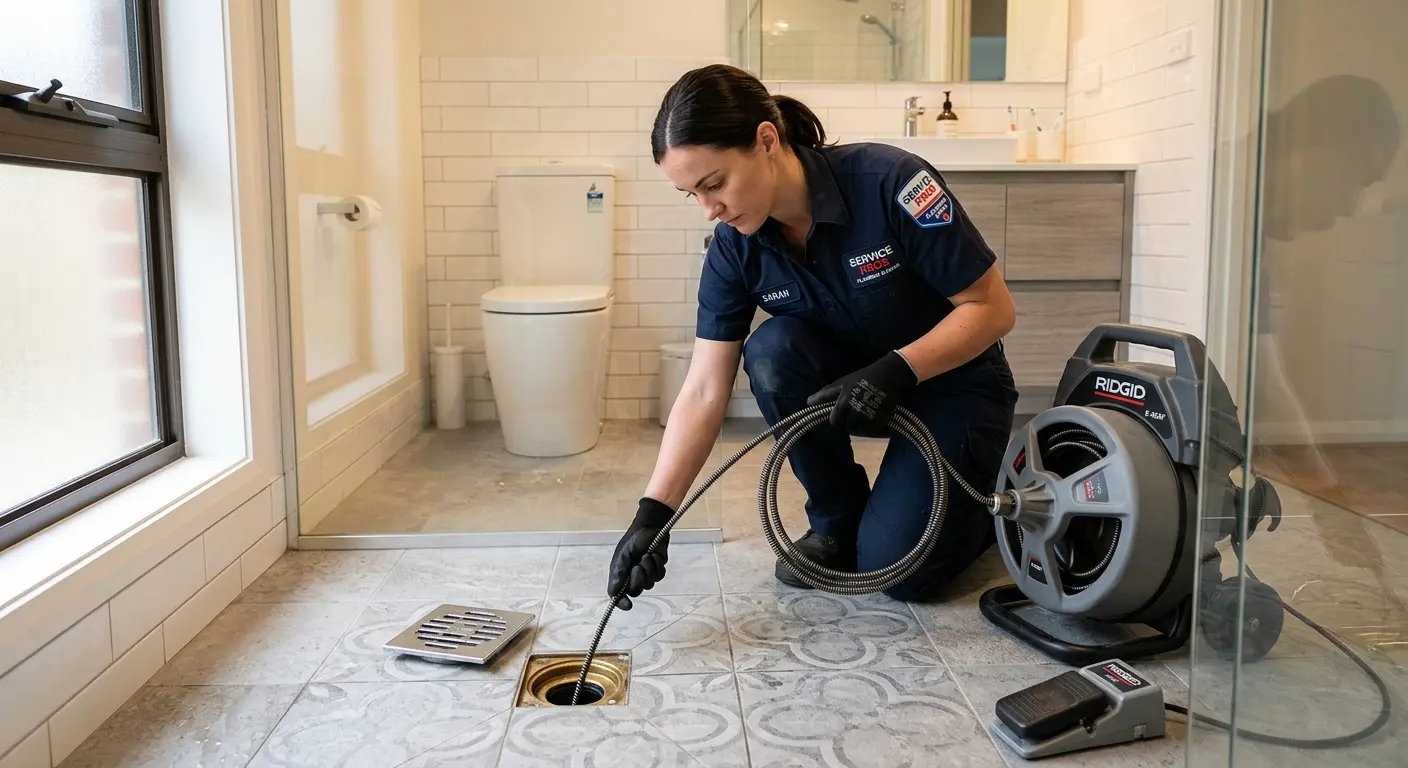 Technician clearing a bathroom floor drain for Hydro Jetting in Moss Bluff
